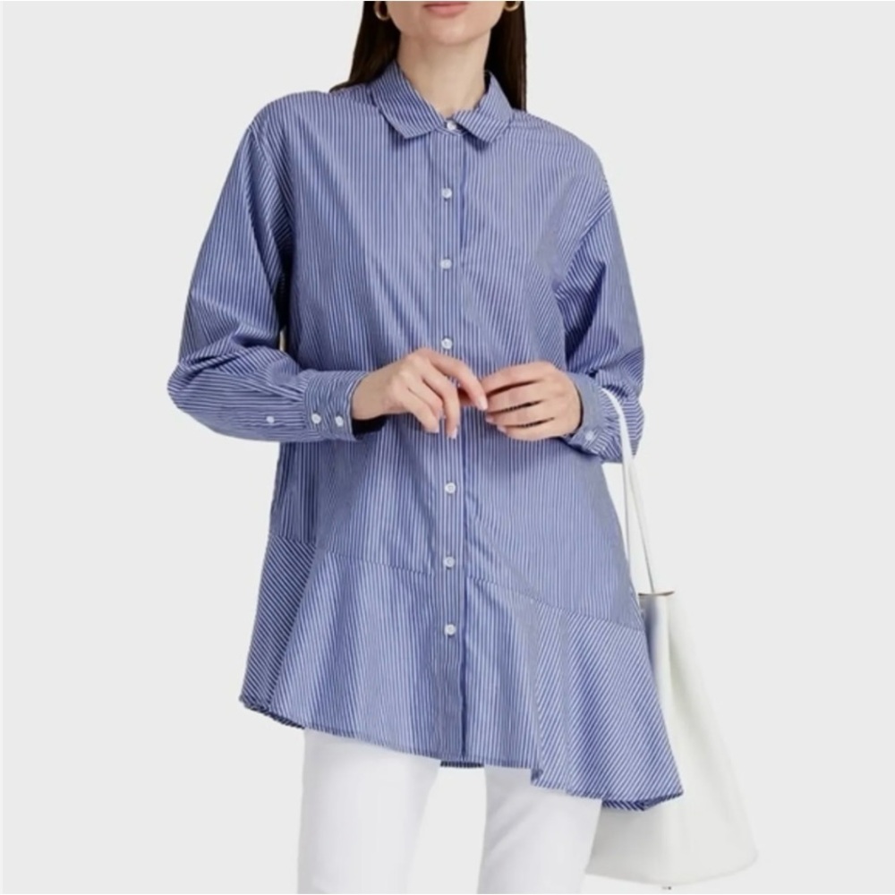NEW Veronica Beard Gilda Pinstripe Asymmetric Flared Ruffle Hem Top, Size 4